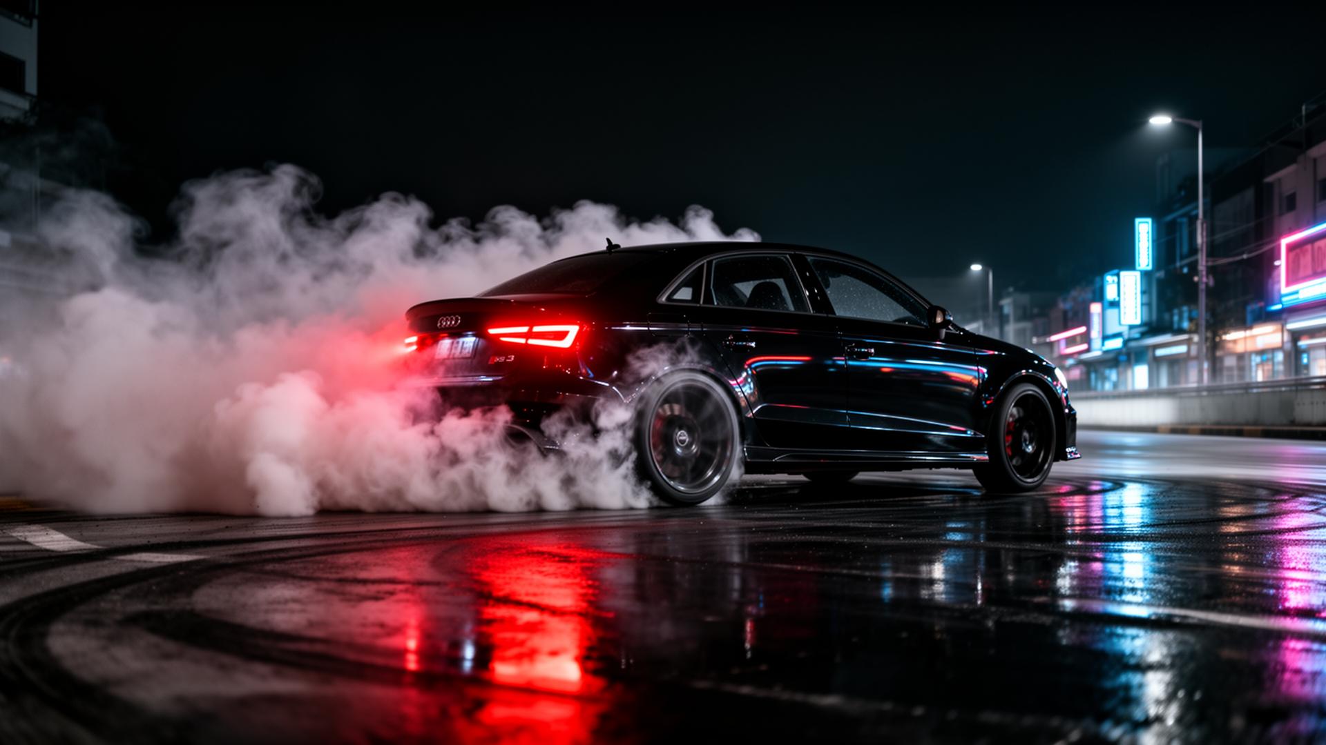 Audi RS3 drifting at night
